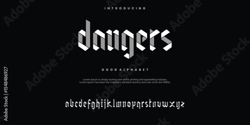 Dangers futuristic minimalist display font design, alphabet, typeface, letters and numbers, typography.
