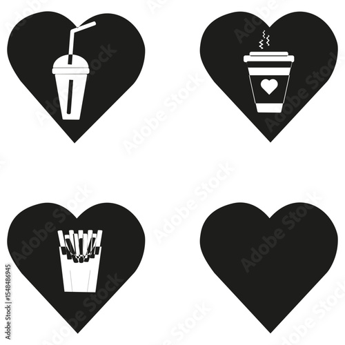 Drink icon. Coffee cup symbol. French fries icon. Vector food heart.