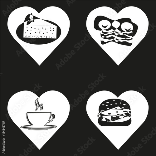 Cake icon. Breakfast eggs symbol. Coffee cup vector. Burger heart illustration.