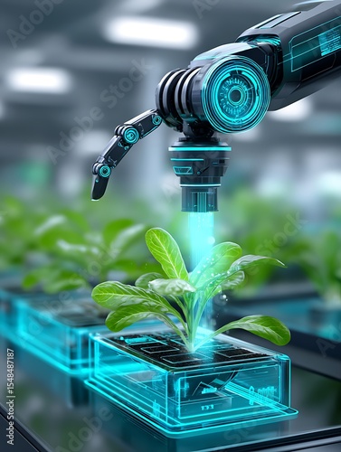 Futuristic robotic arm tending plants