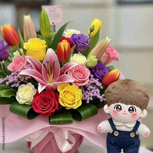 bouquet of gift flowers with cute dolls