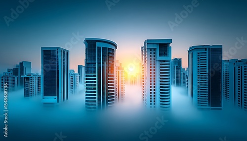 City above the clouds at dawn