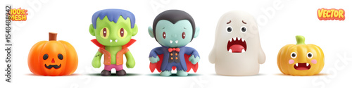 Vector set of realistic isolated characters for Halloween: zombie, vampire, ghost and Halloween pumpkins.