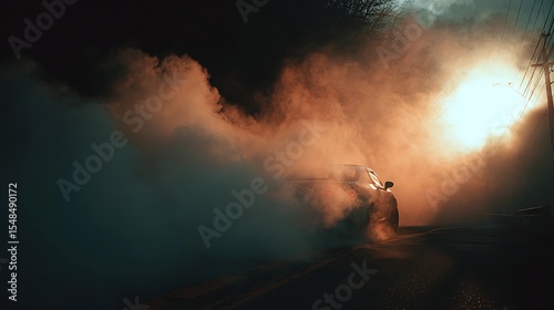 Car Driving Through Smoke and Dark Road
