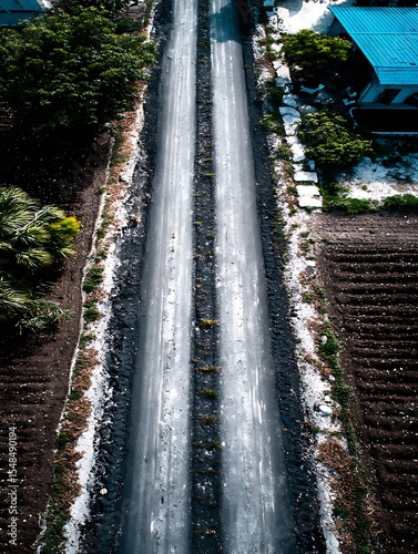 Straight road through fields