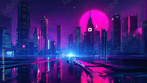 Futuristic city at night with vibrant neon colors