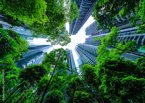 Lush greenery surrounds skyscrapers