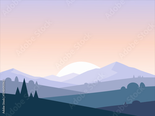 Minimalist landscape with mountains and sunrise in soft pastel tones, perfect for backgrounds and wallpapers.
