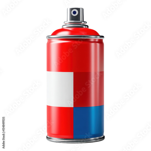 Bold red white blue aerosol spray can container. Metallic nozzle, blank label for versatile product application