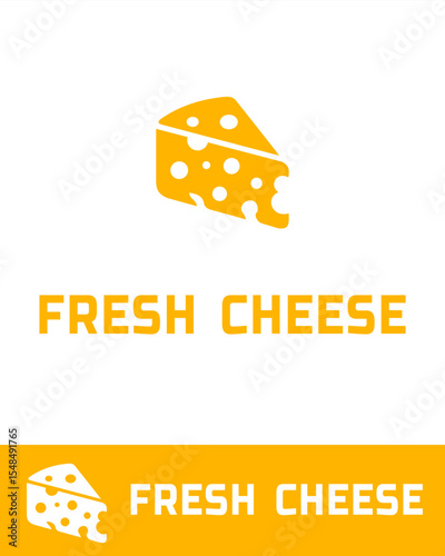 A modern flat design logo of fresh cheese in vibrant orange color with holes and bite mark