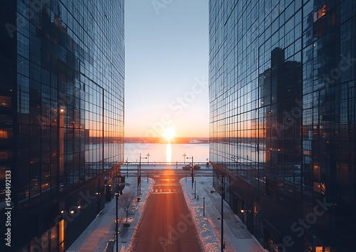 Urban sunrise between skyscrapers