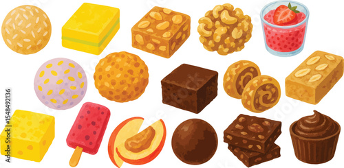 Fun and Healthy Vegan Snacks and Treats in Colorful Loose Watercolor Style - Plant-Based Bites and No-Bake Goodies Illustration for Guilt-Free Indulgence | Generative AI
