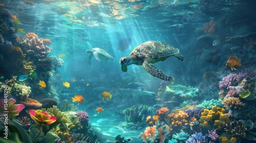 Underwater coral reef with turtles and fish