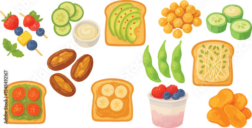 Fun and Healthy Vegan Snacks and Treats in Colorful Loose Watercolor Style - Plant-Based Bites and No-Bake Goodies Illustration for Guilt-Free Indulgence | Generative AI