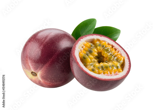 Passion Fruit Still Life: Whole and Halved with Leaves