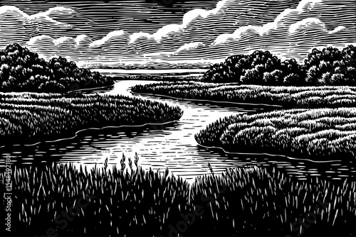 Lush river delta with braided streams, a black and white sketch vector