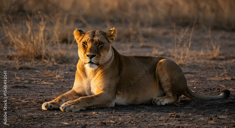Obraz premium Lioness Resting on Dry Savannah Ground During Golden Hour