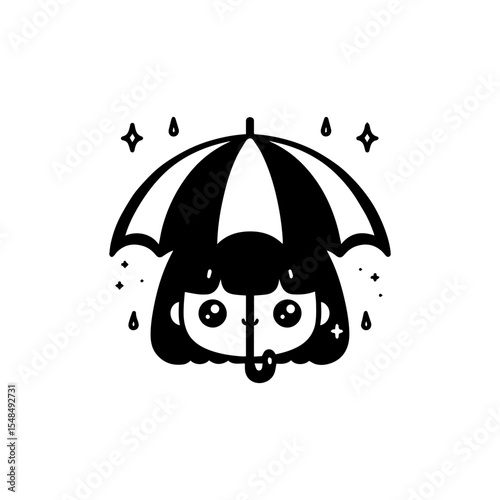Cartoon girl with big eyes under an umbrella with raindrops and stars, black and white illustration.