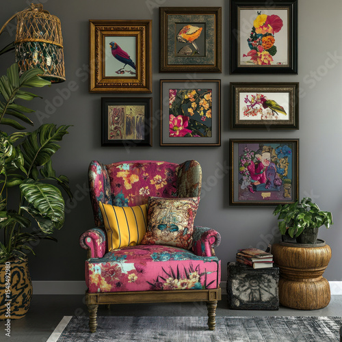 Modern living room interior with a brightly decorated boho style armchair, decorated with colorful floral upholstery. 