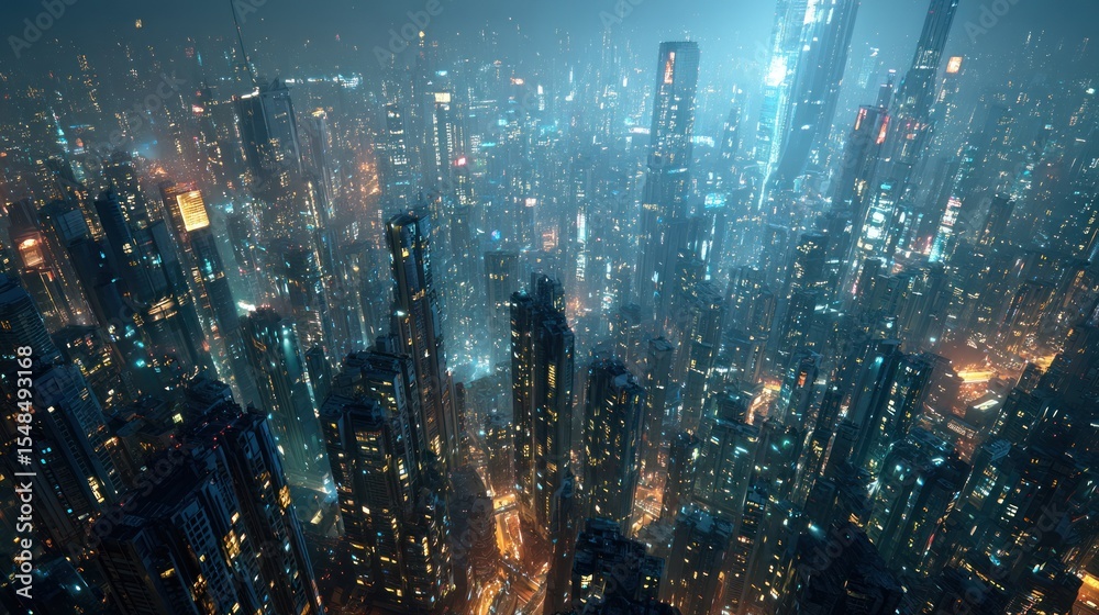 Fototapeta premium Futuristic cityscape with vibrant lights and towering skyscrapers at night