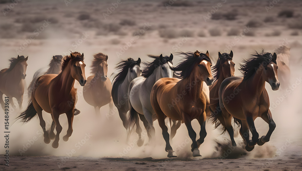 Obraz premium Group of horses running energetically together across a dusty open field, creating a dynamic and powerful rural scene with clouds of dirt and motion blur
