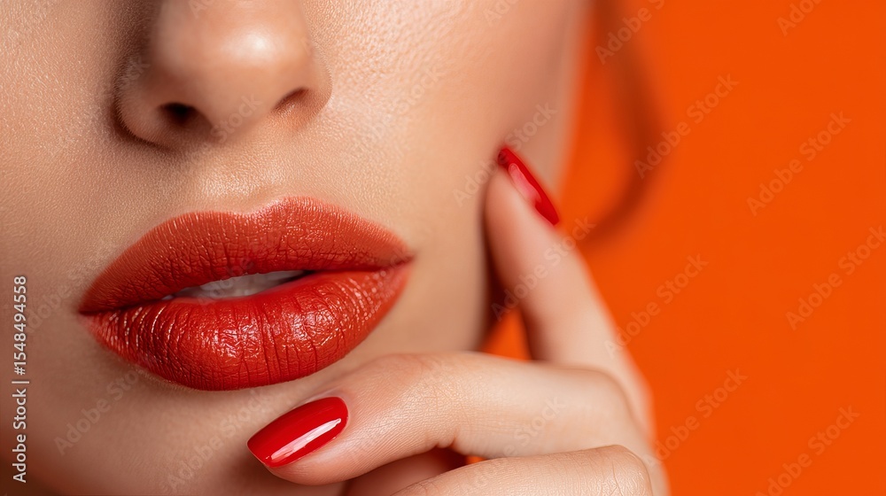 Fototapeta premium Closeup Red Lipstick Beauty Woman Orange Background Perfect Smooth Skin Sensual Lips Makeup Fashion Cosmetics Glamour Model Attractive Female Portrait Professional Photography 