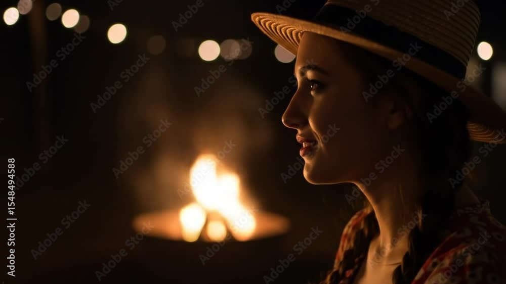 Vista de perfil de uma mulher com chapéu ao lado de uma fogueira sob luzes de corda à noite 