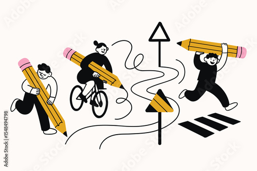 Creative People Drawing Roads and Signs – Fun Vector Concept Illustration
