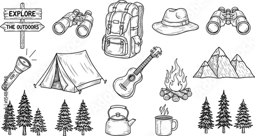 Hand-drawn camping and outdoor adventure vector set with gear, mountains, campfire, tents, trees, and travel essentials in a fun, doodle-style