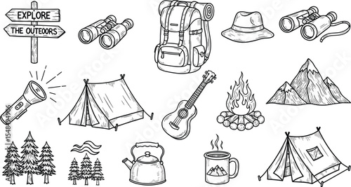 Hand-drawn camping and outdoor adventure vector set with gear, mountains, campfire, tents, trees, and travel essentials in a fun, doodle-style