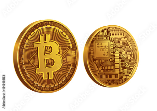 Realistic gold bitcoin coins shown with digital network pattern highlight the concept of secure online currency on white backdrop. Finance concept