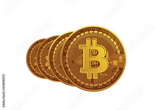 Multiple gold bitcoin coins arranged in overlapping row illustrate growth and technology of digital currency on white background. Finance concept