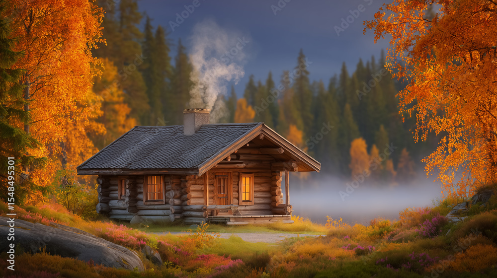 Cabin with smoke rising from chimney nestled among colorful autumn trees. Peaceful lakeside setting at dawn with mist on water. Concept of nature retreat, relaxation, outdoor living Cabin with smoke rising from chimney nestled among colorful autumn trees. Peaceful lakeside setting at dawn with mist on water. Concept of nature retreat, relaxation, outdoor living