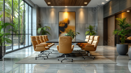Modern executive conference room with stylish seating and natural light. Ideal for corporate meetings, office design, and luxury real estate presentations.