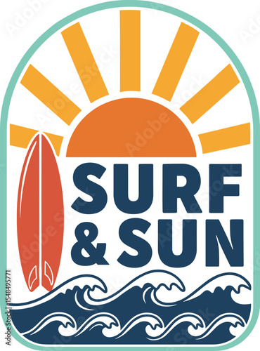Vector graphic with waves, sun, surfboard, and the phrase "Surf & Sun" in retro colorway. Ideal for t-shirt print, posters, and stickers.