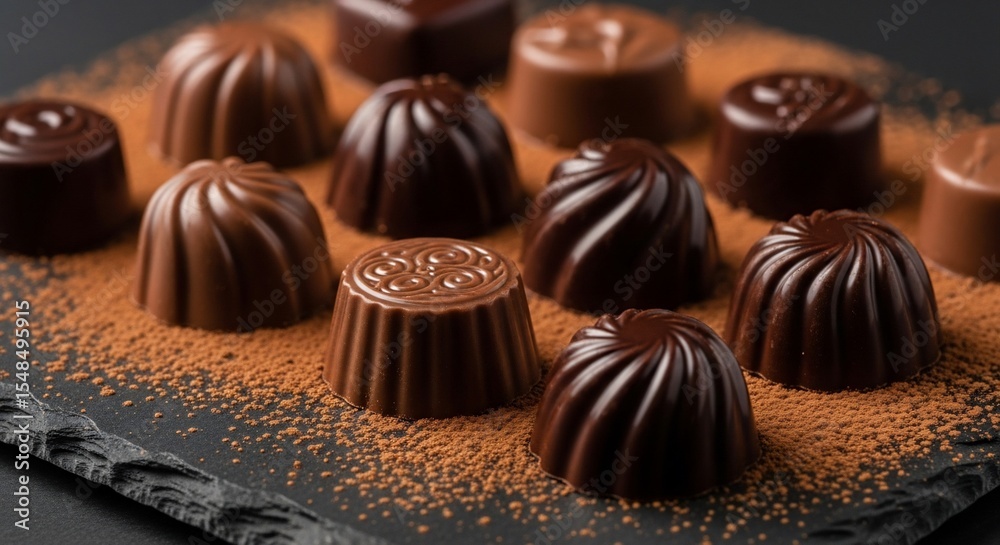 Fototapeta premium Delicious chocolate candies gourmet sweets dark milk chocolate dessert confectionery treats assortment truffles