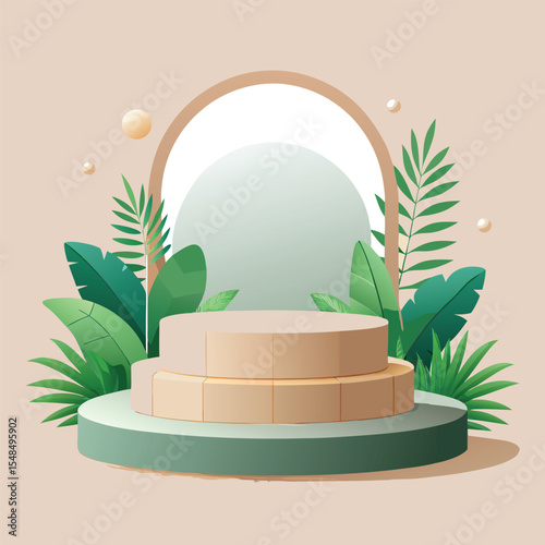 Minimal Podium Mockup with Clear Circular Stage, Green Plants, Beige and Wood Tones