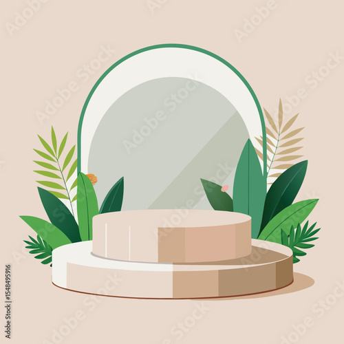 Minimal Podium Mockup with Clear Circular Stage, Green Plants, Beige and Wood Tones