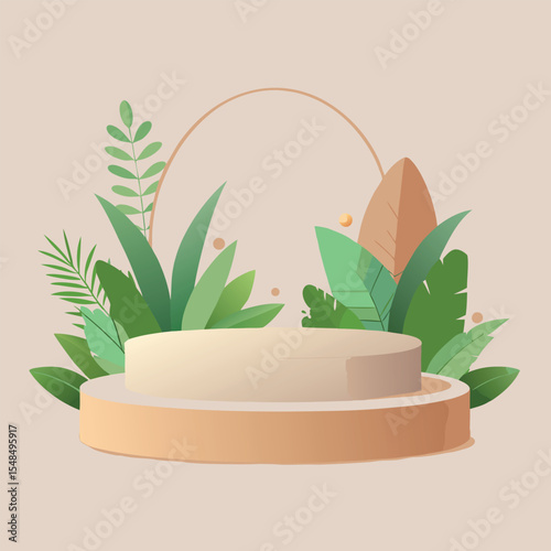 Minimal Podium Mockup with Clear Circular Stage, Green Plants, Beige and Wood Tones