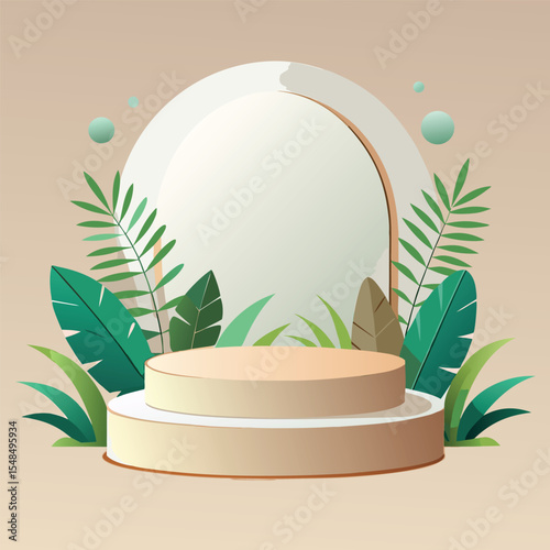 Minimal Podium Mockup with Clear Circular Stage, Green Plants, Beige and Wood Tones