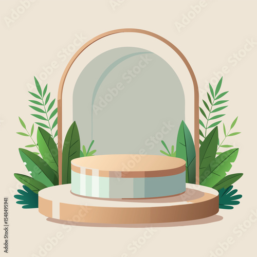 Minimal Podium Mockup with Clear Circular Stage, Green Plants, Beige and Wood Tones