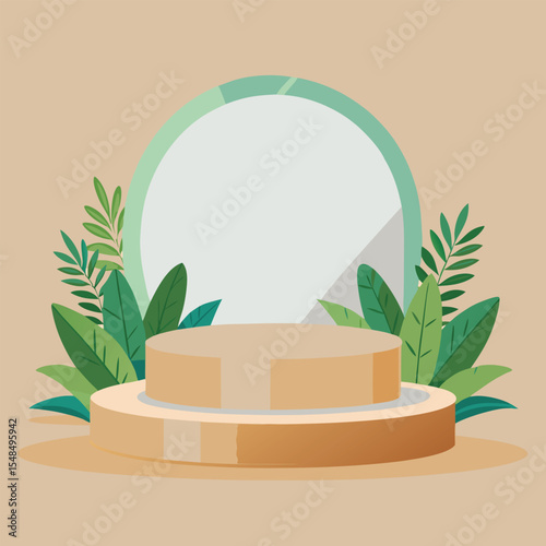 Minimal Podium Mockup with Clear Circular Stage, Green Plants, Beige and Wood Tones