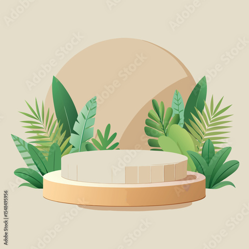 Minimal Podium Mockup with Clear Circular Stage, Green Plants, Beige and Wood Tones