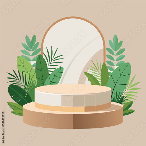 Minimal Podium Mockup with Clear Circular Stage, Green Plants, Beige and Wood Tones