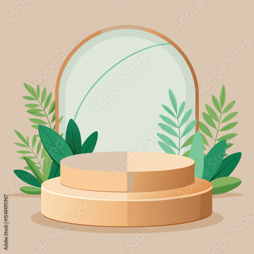 Minimal Podium Mockup with Clear Circular Stage, Green Plants, Beige and Wood Tones