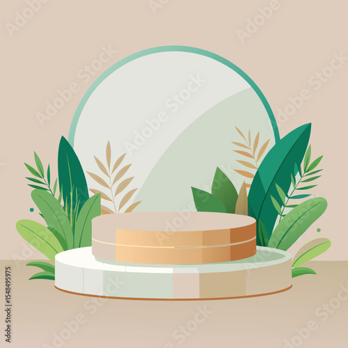 Minimal Podium Mockup with Clear Circular Stage, Green Plants, Beige and Wood Tones