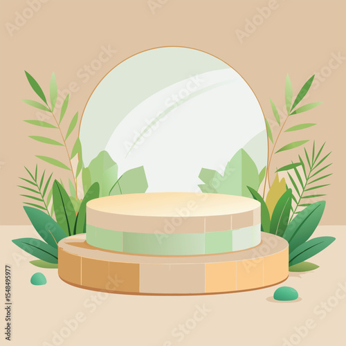 Minimal Podium Mockup with Clear Circular Stage, Green Plants, Beige and Wood Tones