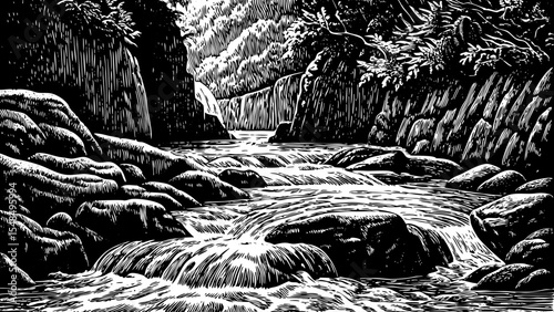 Highland river tumbling over boulders in a steep gorge with mossy walls, a black and white sketch vector