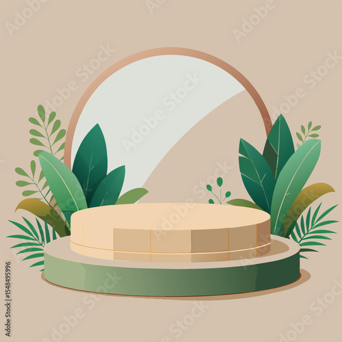Minimal Podium Mockup with Clear Circular Stage, Green Plants, Beige and Wood Tones