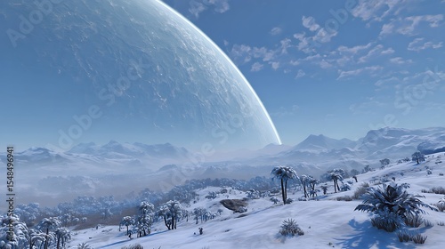 Snowy Alien Landscape with Planet Visible in Sky